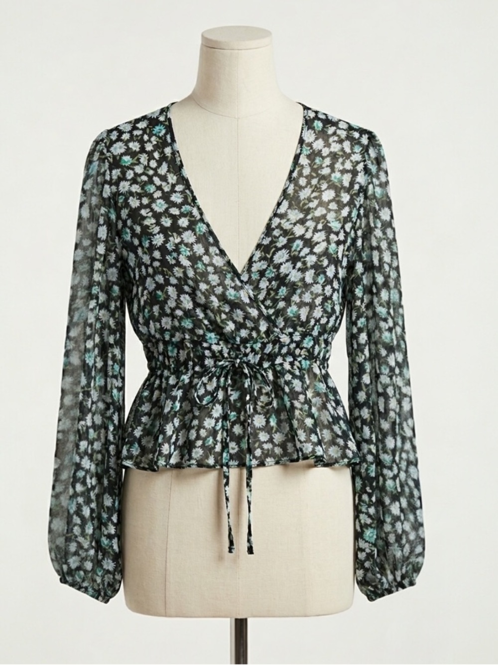 Stradivarius Floral Faux Wrap Blouse Sheer Long Sleeve Peplum Tie Waist Top NWT